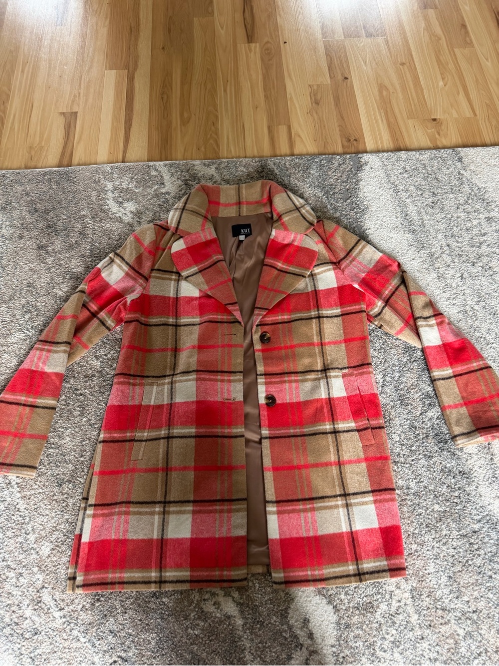 Kut from the Kloth Red and Tan Plaid Pea Coat